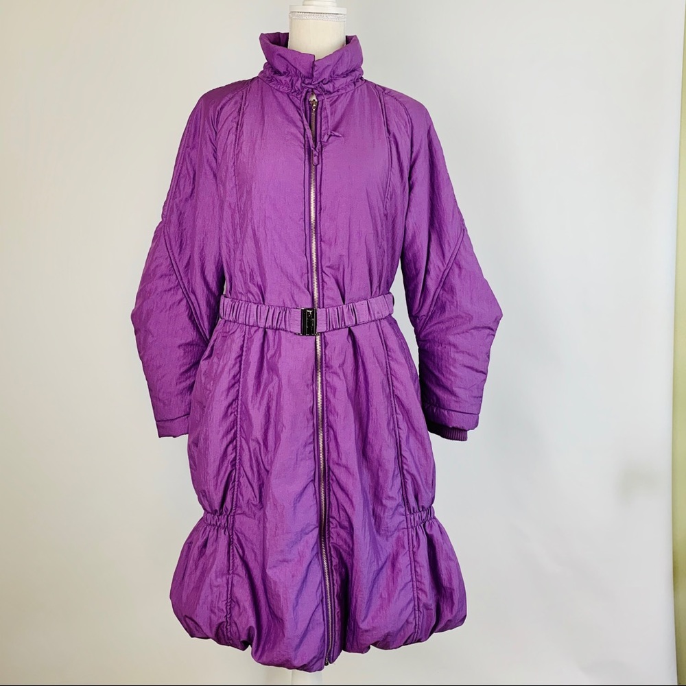 SoVo Puffer Coat S Purple Bubble Hem Full Zip Belt
